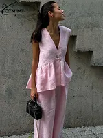 Oymimi Fashion Pink Cotton Sets Womens 2 Piece Elegant Deep V-Neck Single Button Shirts And Sinple Straight Trousers Female Sets - Image 2