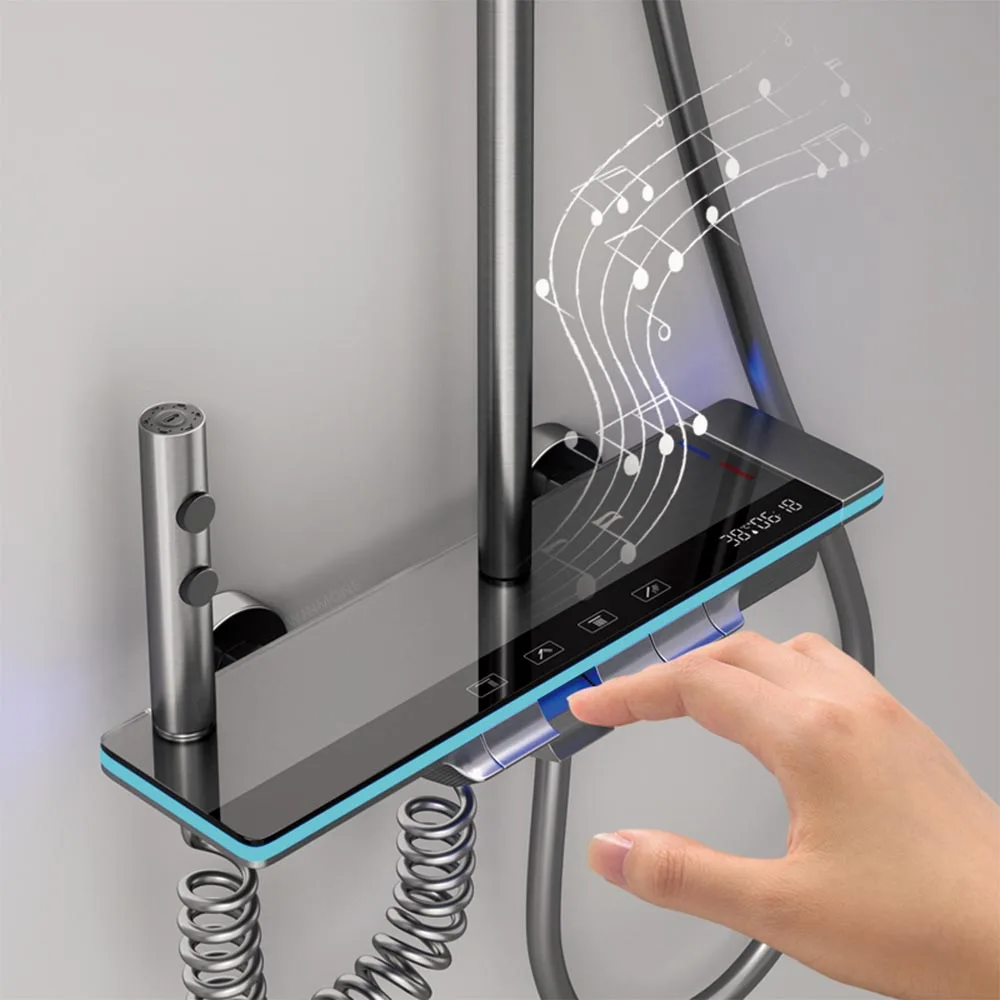 Bathroom Digital Display Shower System Brass Waterfall Shower Faucet Set Rainfall Temperature Bathtub Mixer Shower Set with Lamp 3