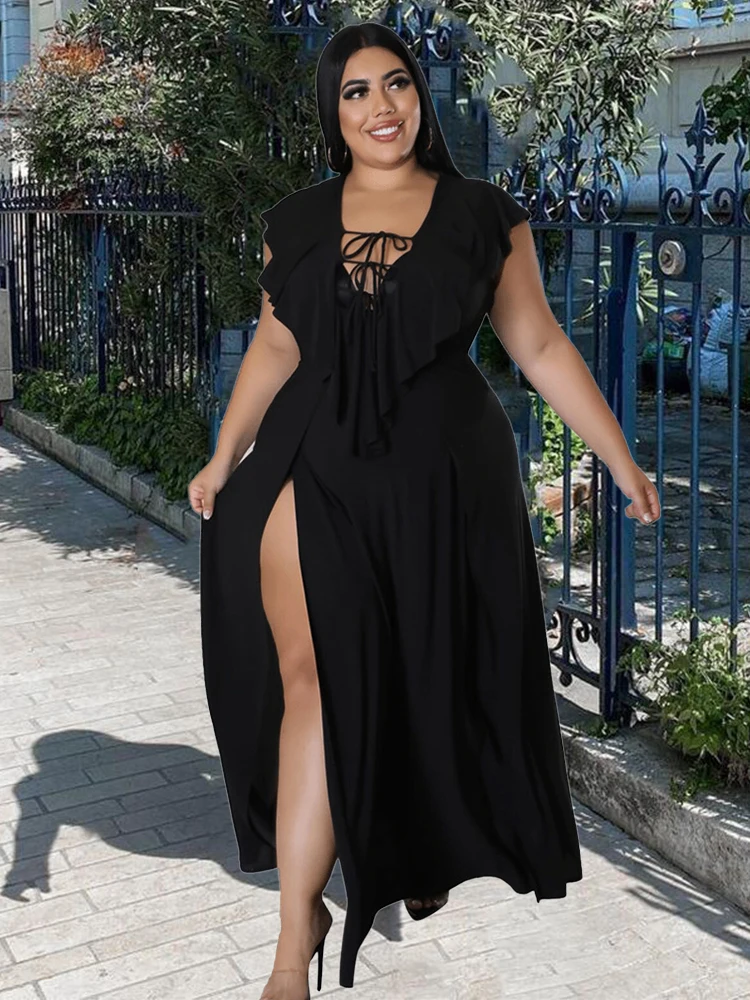 Elegant Dresses for Women Summer Maxi Dress with Slit Ruffled V Neck Sexy Ladies Plus Size Dresses Wholesale Bulk Dropshipping