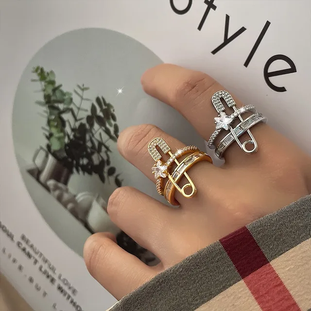 Hip-hop Pin Open Ring for Female Gold Color Double-layer