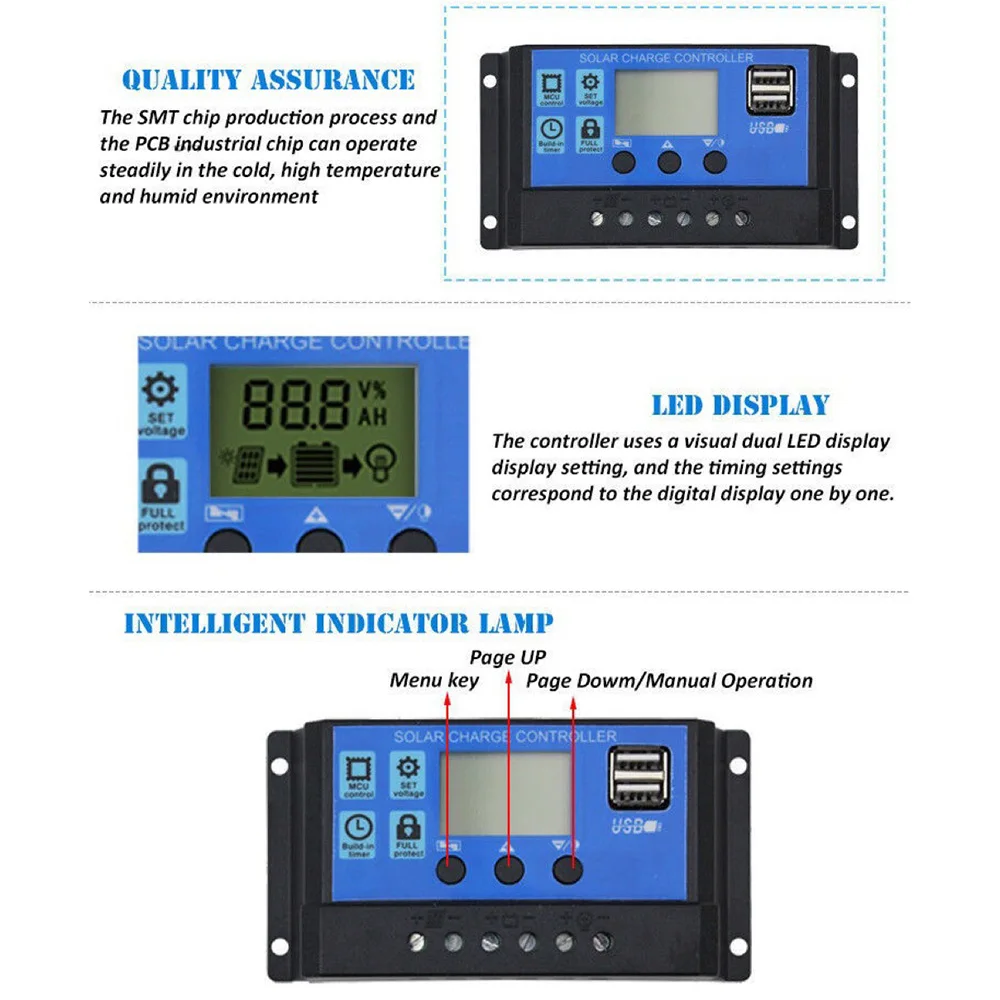 Description Picture 4 of itemSolar Charge Controller,12V/24V Solar Panel Regulator with Adjustable LCD Display Dual USB Port Timer Setting PWM Auto Parameter