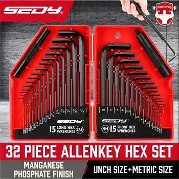 32-Piece Metric & SAE Hex Key Wrench Set – L-Shaped Allen Keys with Chrome Vanadium Steel Construction & 2x Extension Handles 1