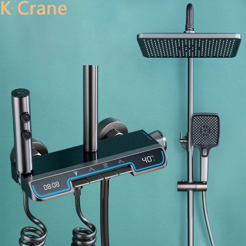 Led Digital Atmosphäre Dusche Wasserhahn Set Bad Warmen Und Kalten Thermostat System Wand Halterung Badewanne Spa Regen Wasserhähne