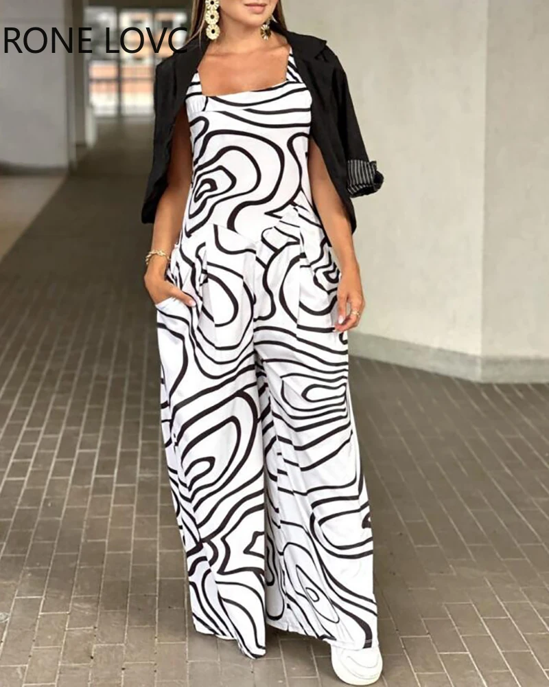 

Женский свободный комбинезон с широкими штанинами, повседневный комбинезон на широких бретелях с принтом из сплава 2024