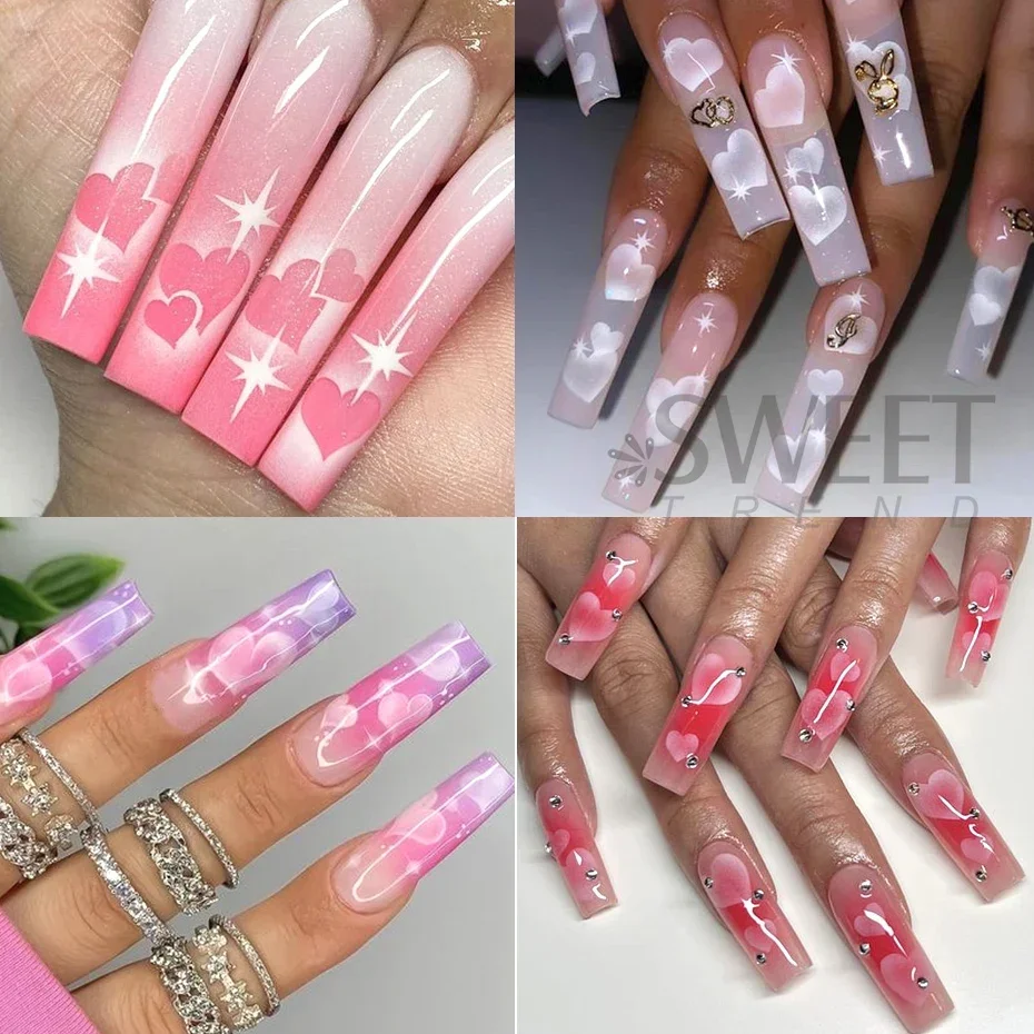 2pcs 3D Heart Star Nail Stickers Matte White Airbrush Y2K Love Heart Valentines Gradient Bloomming Slider Polish Nail Decoration