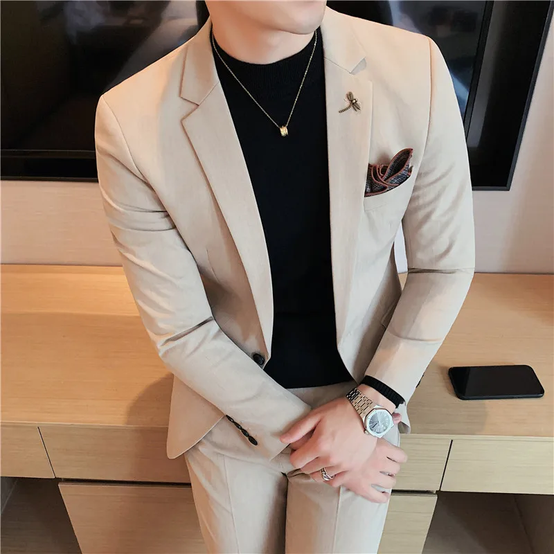 

Plus Size 7XL 6XL Men Simple Solid Slim Fit Wedding Dress Suit Mens Business Formal Social Tuxedo Blazers Pant Casual 2 Pcs Set