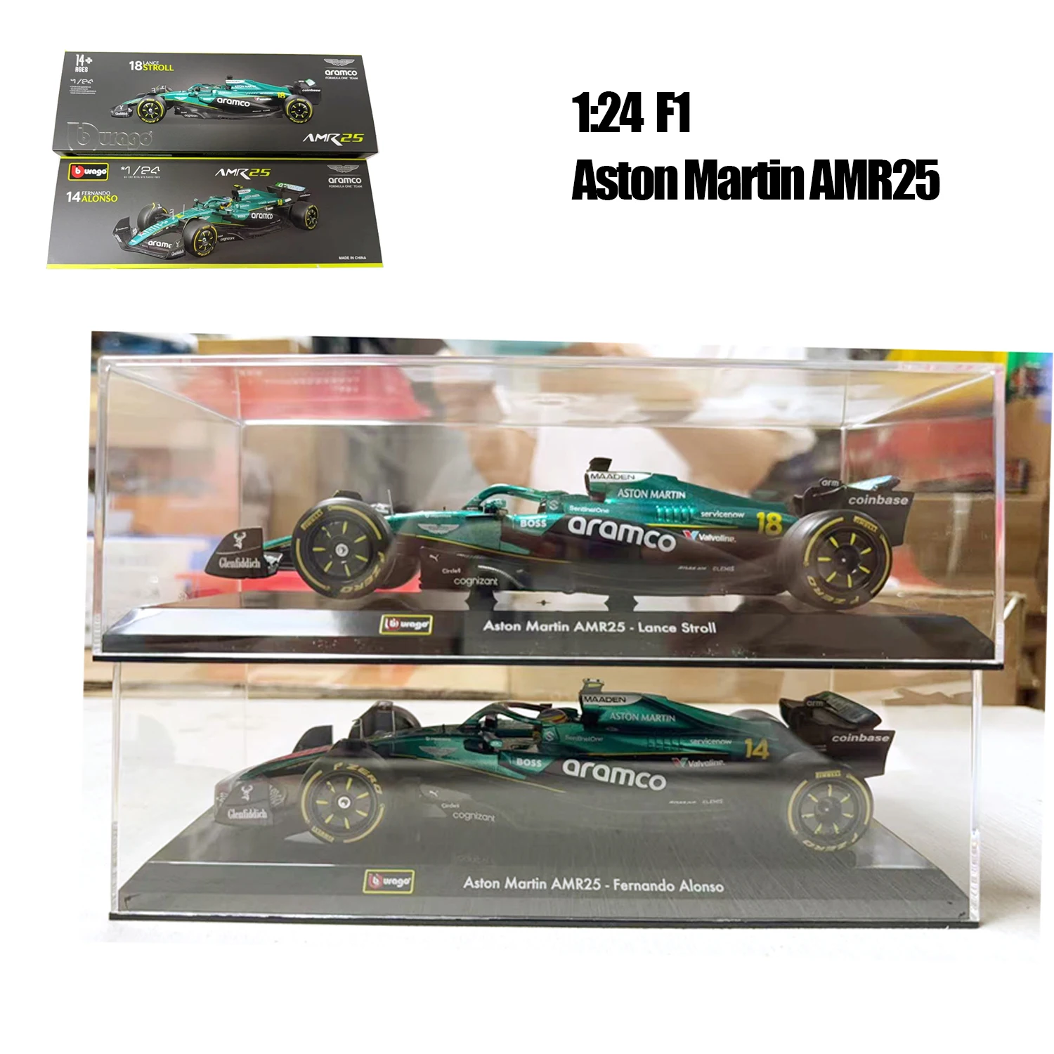 부라고 1:24 합금 자동차 모형 F1 2025 애스턴 마틴 AMR25 14  페르난도 알론소 18  랜스 스트롤 F1 슈퍼 토이 다이캐스트 자동차 모델
