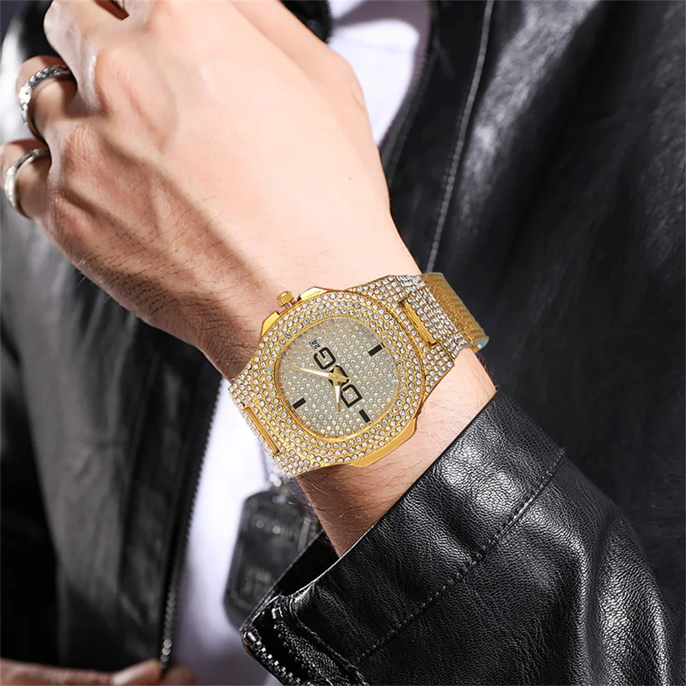 Man's Watch Luxury Full Star Diamonds Calendar Quartz Watches Fashion Rose Gold Stainless Steel Male Hip Hop Large Dial Clock 5