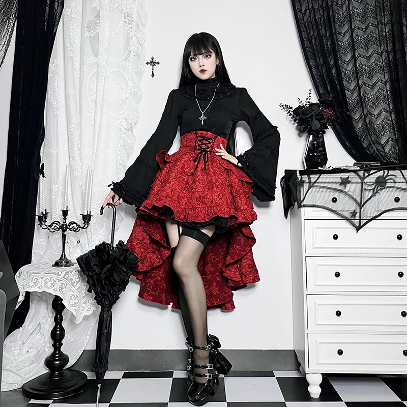 InsGoth-Feminino Gothic Steampunk High Low Dress, Saia