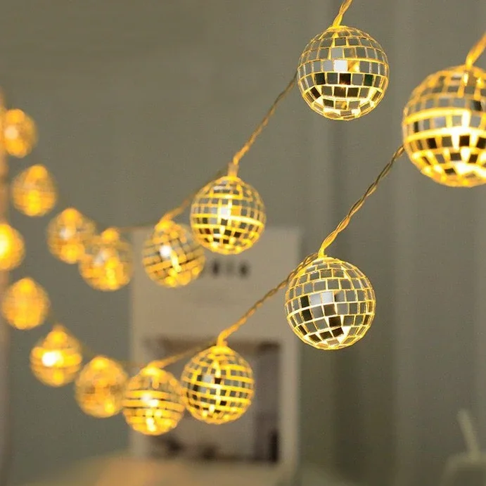 70er Jahre Musik Disco Thema Fee Lichterkette 1,5 m 10LED Spiegel Disco Ball Schlafzimmer Garten Hängeleuchten für Geburtstag Party Dekor