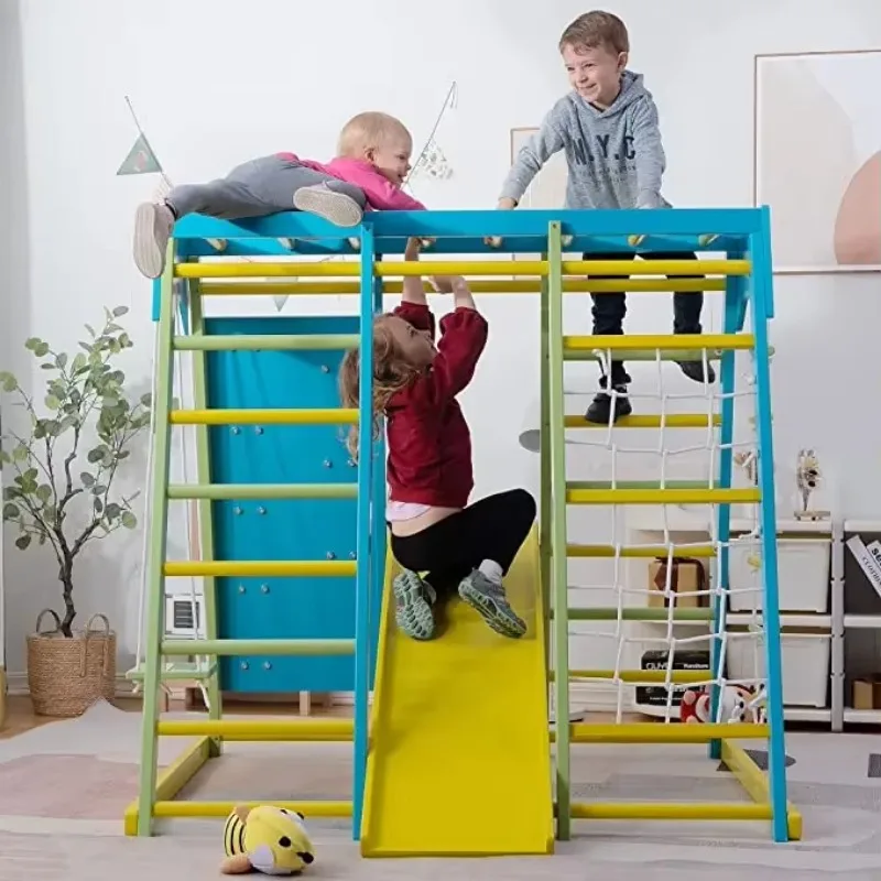 Heavy-Duty Kids Climbing Frame Durable Wood Design Colors for Indoor Motor Skill Training