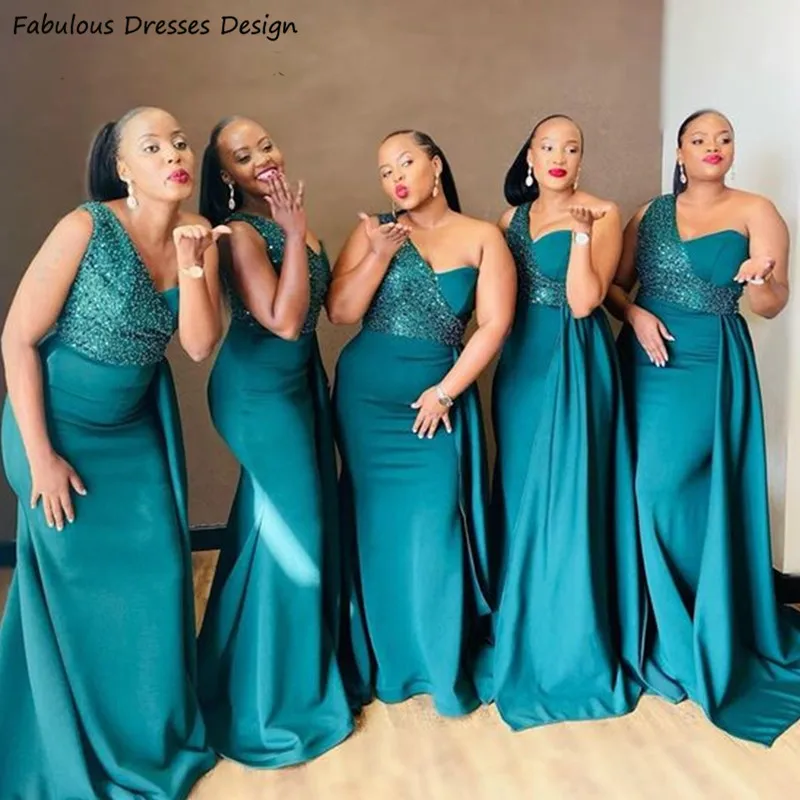 

Green Shining Sequin Bridesmaid Dresses Women Mermaid Streamer One Shoulder Long Wedding Party Dress Formal Evening Gowns