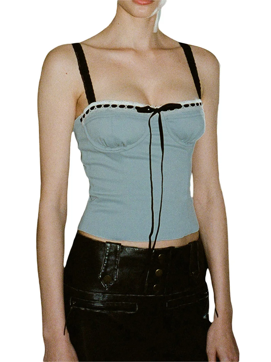

Y2K Lace Crop Top Bow Square Collar T Shirt Women Chic Fairycore Tee Korean Harajuku Basic E-girl Camis Tee Tops Streetwear