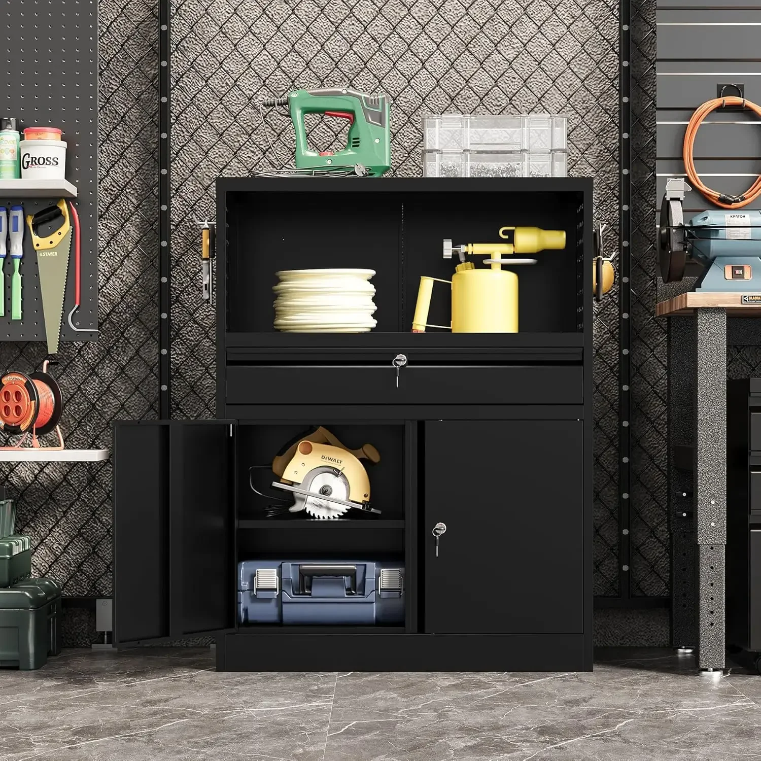 Storage with 1 Drawer, 41.2" Steel Lockable Storage with Side Pegboard, Locking Metal Cabinet for 2