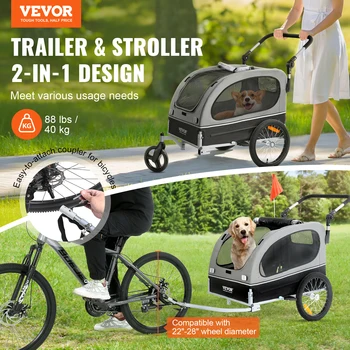 VEVOR 88 lbs 2-in-1 Pet Stroller Cart Dog Bike Trailer with Wheels Reflectors Easy Folding Cart Frame Bicycle Coupler Carrier 2