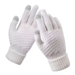 Unisex Warm Winter Touch Screen Knit Gloves - Stretchable Wool Full Finger Mittens (WHITE)