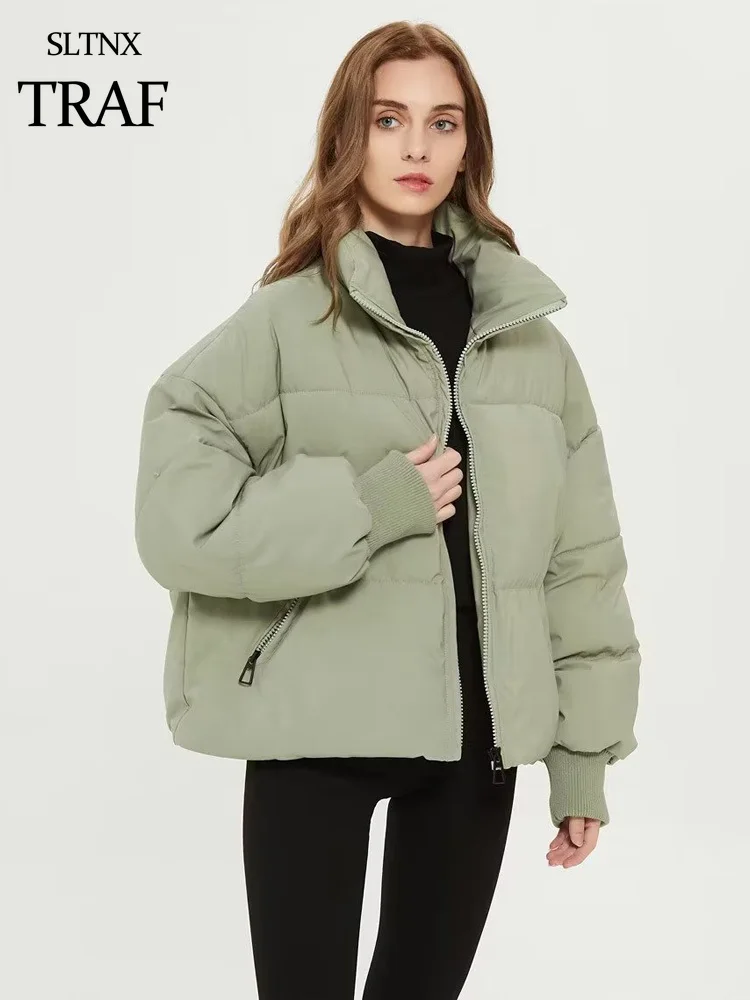 

SLTNX TRAF Fashion Woman Coats Female O-Neck Long Sleeve Warm Quilted Coat Cotton Ladies Casual With Pocket Winter New Outerwear