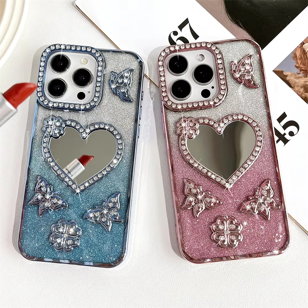Luxury Electroplate Love Butterfly Diamond Phone Case For IPhone 16 15 14 13 12 11 Pro Max Transparent Glitter Mirror Back Cover