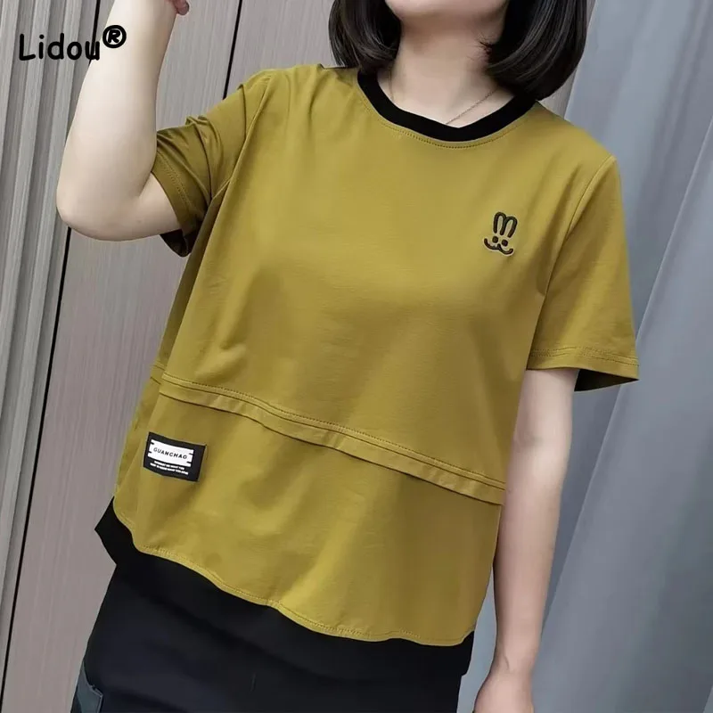 

Fashion Casual Solid Color Short Sleeve T-shirt for Female Summer Commute All-match Round Neck Spliced Tops Women's Clothing