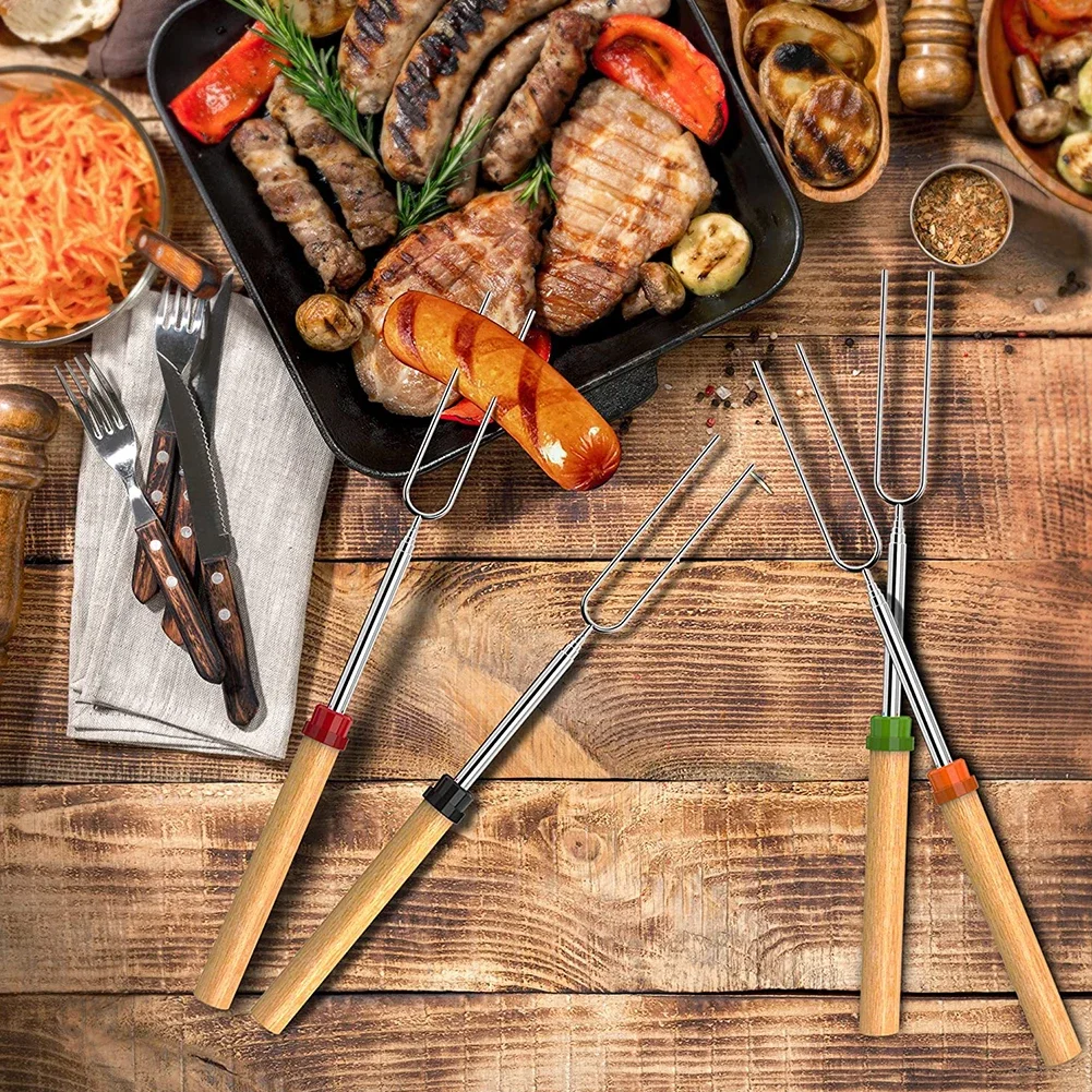 Stainless Steel Roasting Marshmallow Stick Set Extendable Dual Fork Outdoor BBQ for Household Kitchen BBQ Supplies