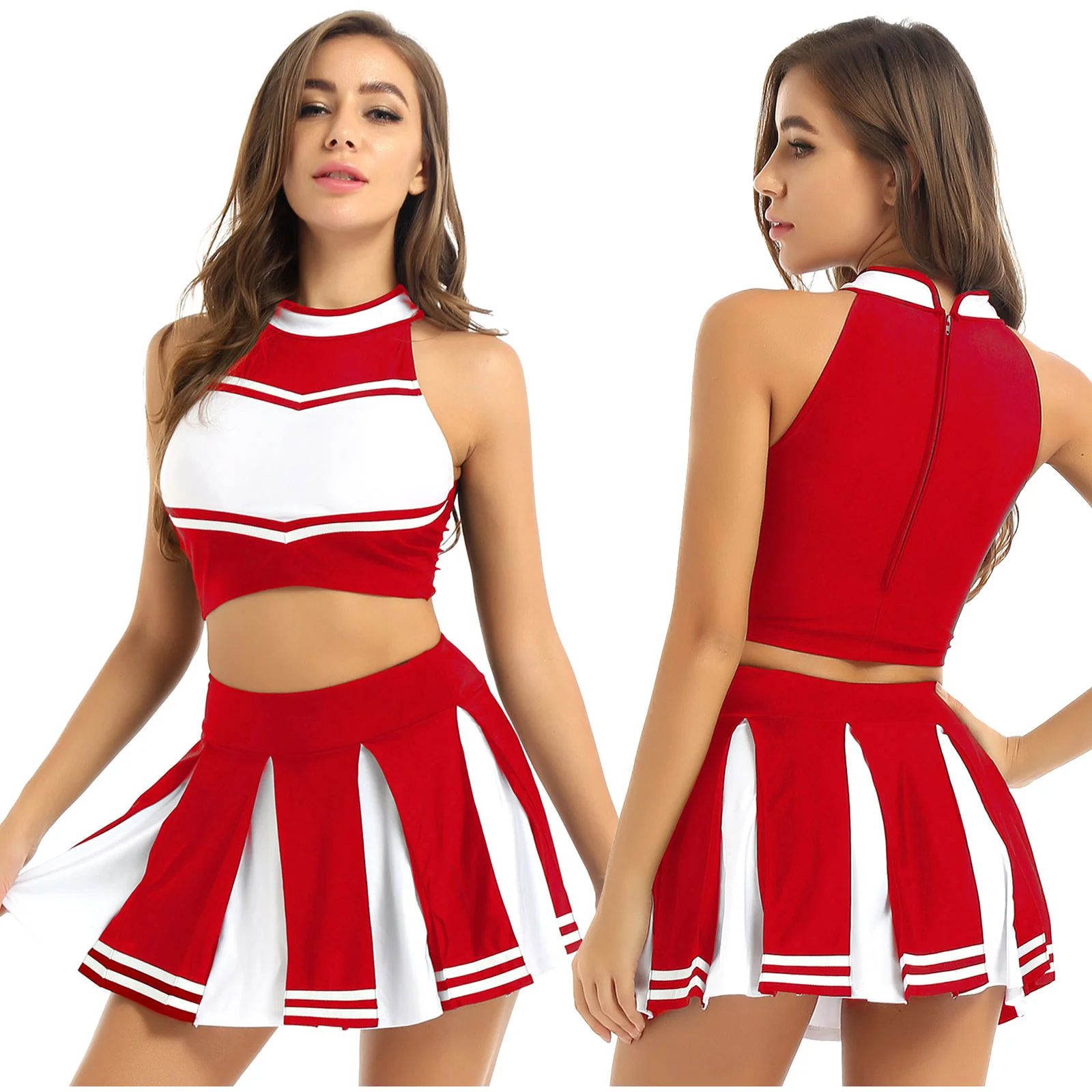 

2Pcs Womens Adults Cheerleading Costume Uniform Carnival Cosplay Outfit Stand Collar Sleeveless Crop Top with Mini Pleated Skirt