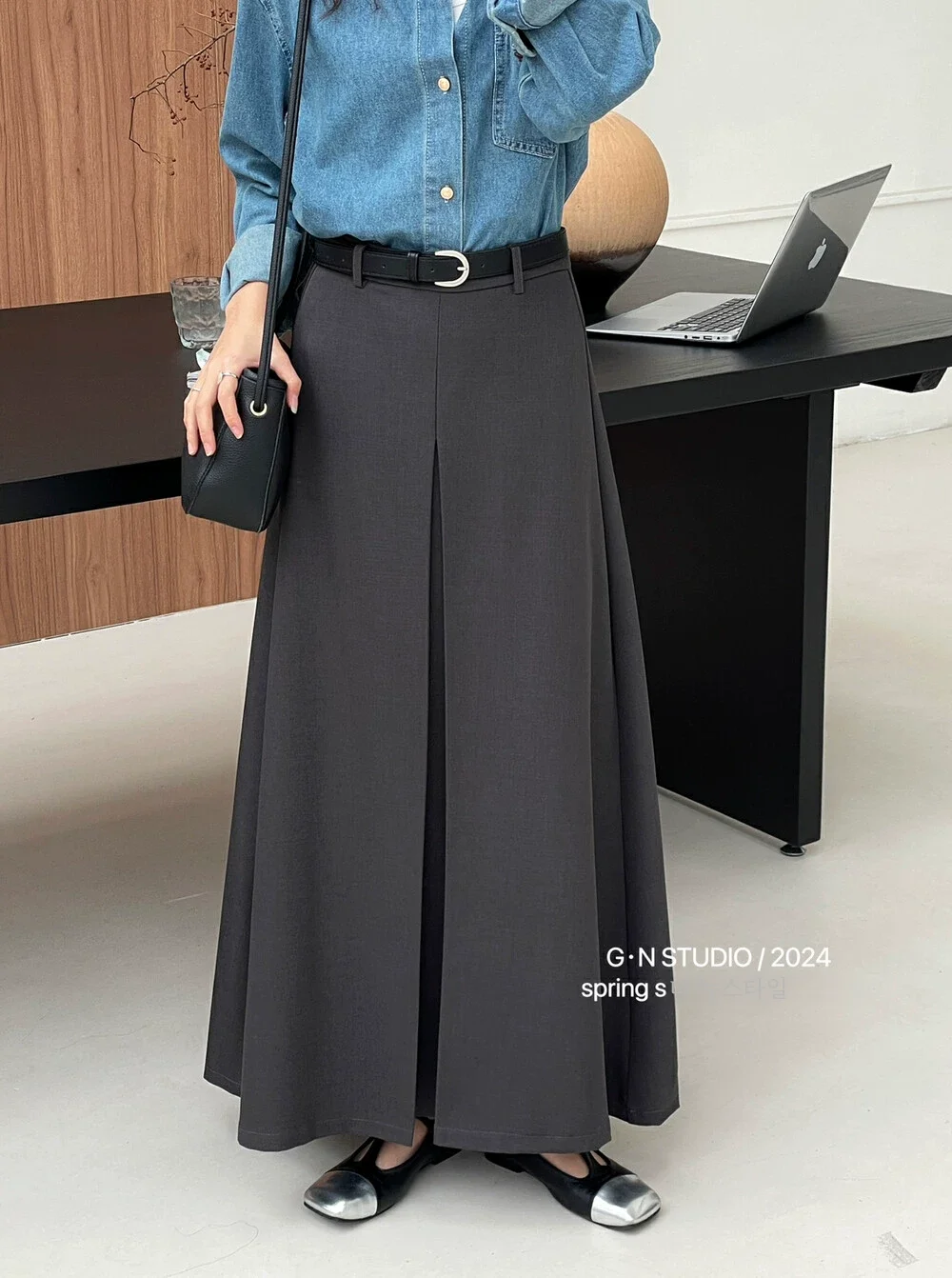 봄 하이 웨이스트 정장 스커트 여성 긴 슬리밍 다목적 우아한 드레이프 빈티지 a 라인 빅 웨이브 트렌디 드레스