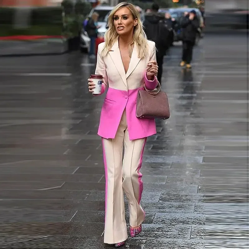 

Blazer Pantsuits Two Piece Set Office Ladies Women Color Match Business Single Button Flared Pants Blazer Pants Formal Suit