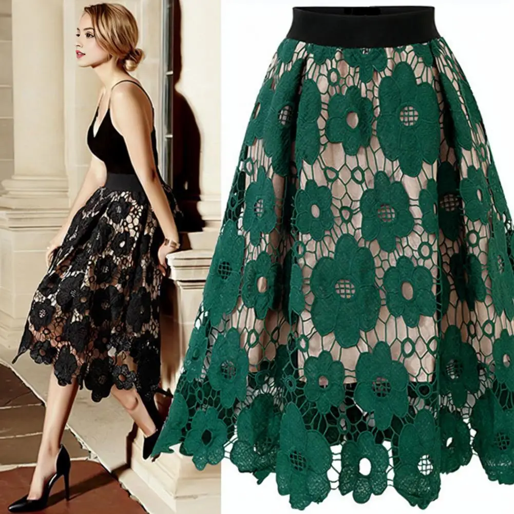 

Women High-waisted Long Skirt Elegant Floral Lace A-line Midi Skirt with High Elastic Waist for Women Double-layered for Commute