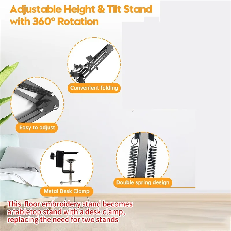 Black Adjustable Embroidery Hoop Stand, 3-In-1 Hoop/Tablet/Phone Holder Floor Stand, Embroidery 360&deg; Rotatable