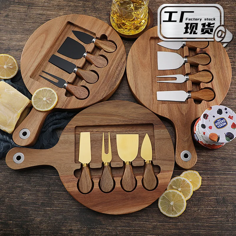 Cross border Wooden Board Steak Cutting Board Wooden Cheese Cheese Board Set with Stainless Steel Cheese Knife 4-piece Set