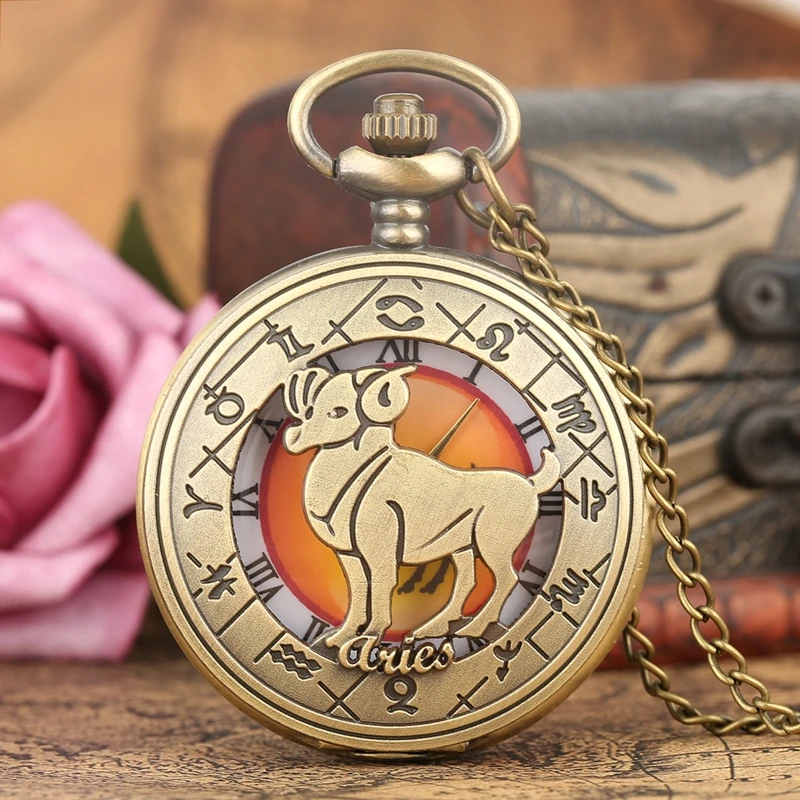 

Antique Hollow Twelve Constellations Theme Quartz Analog Pocket Watch Roman Numeral Display Pendant Chain Watch Birthday Gift
