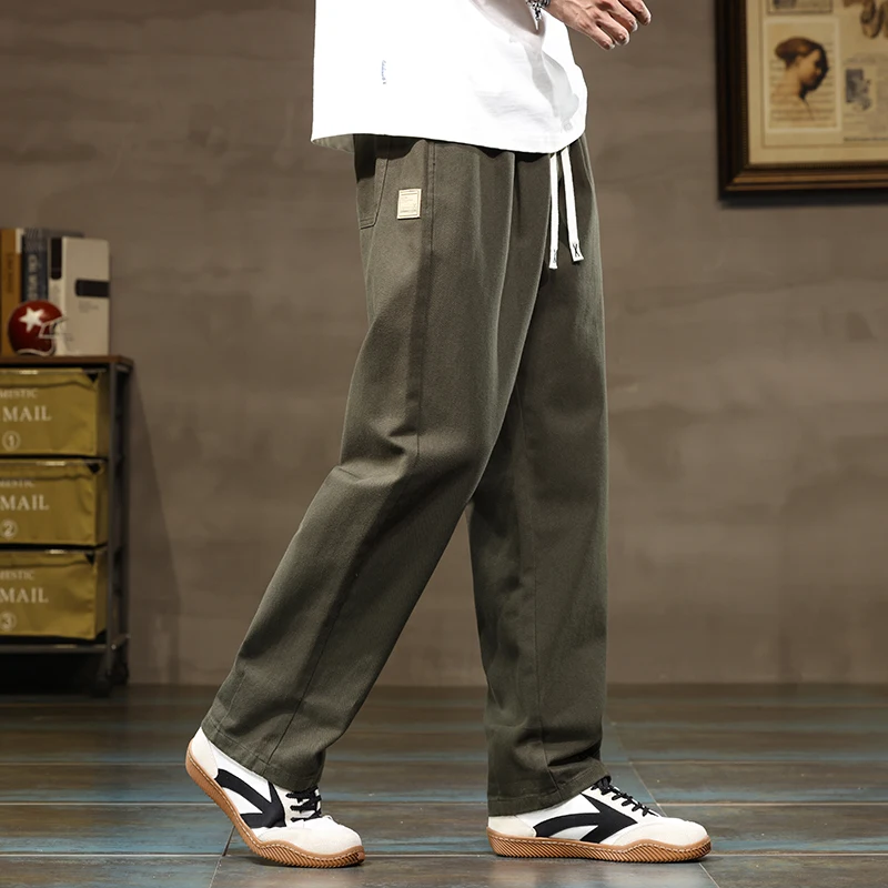 100% Cotton Men's Loose Wide Leg Pants Elastic Waist Fashion ArmyGreen Khaki Korean Streetwear Autumn Straight Trousers 3