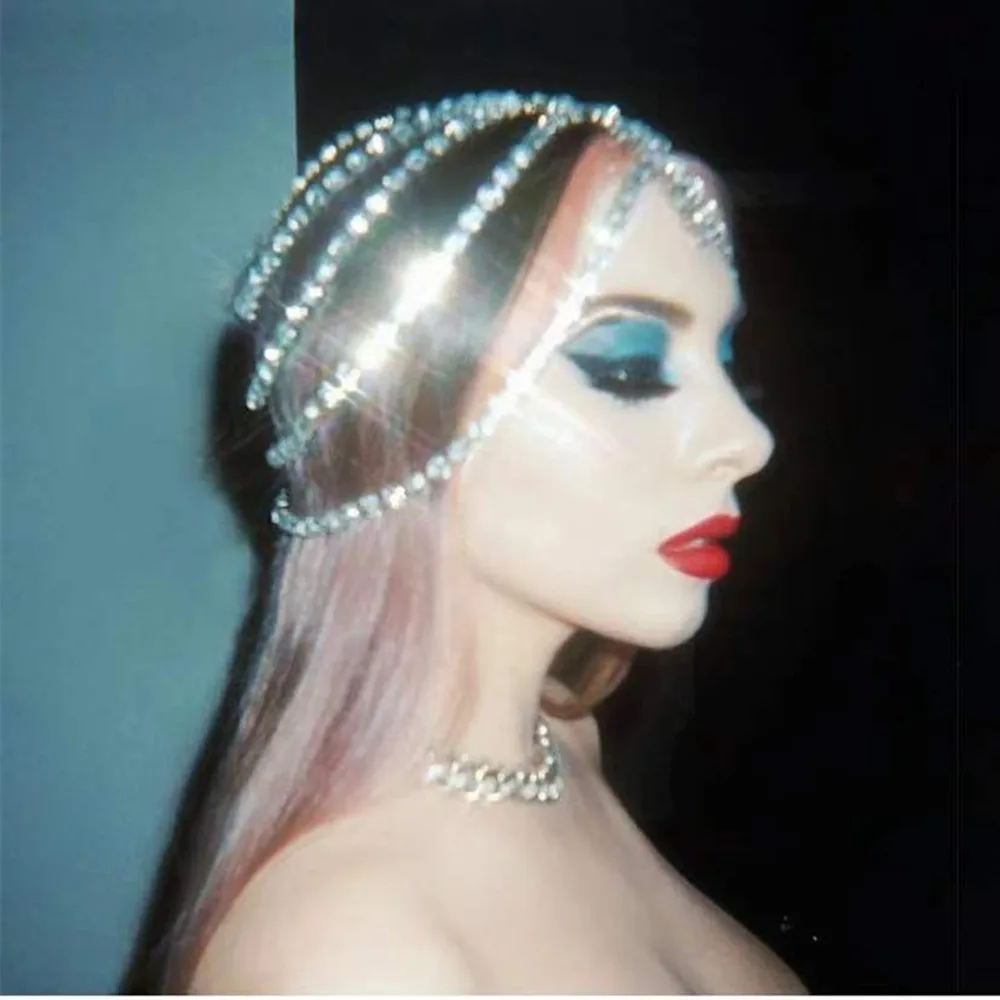 Shiny Rhinestone Multi-layer Bridal Headpiece Forehead Head Chain Jewelry for Women Crystal Hollow Headband Cap Hat Accessories