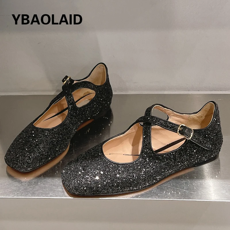 

Glitter Sequins Flat Ballet Shoes Cross Buckle Belt Round Toe Shallow Mouth Mules Spring New Fashion Causal Shoes Sliver Black