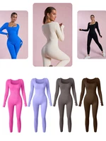 Long Sleeved Jumpsuit Women Square Collar High Waist Bodycon One-piece Leggings Seamless Casual Sports Jumpsuit Bodysuit - Image 4