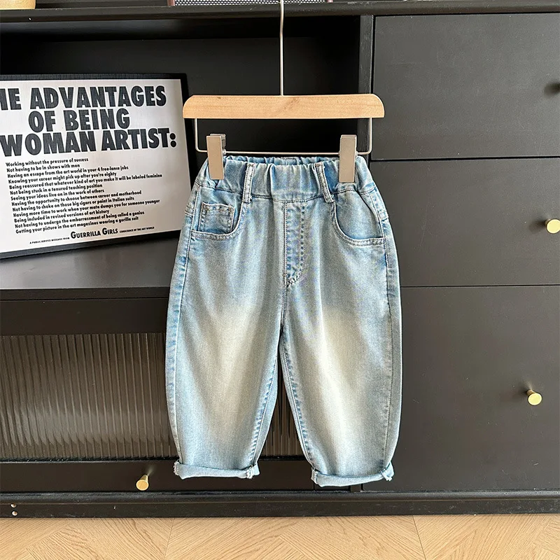 

Новинка лета 2024, детские штаны, детские длинные штаны с ярлыком, тонкие джинсы с градиентом в Корейском стиле для мальчиков и девочек, детская одежда
