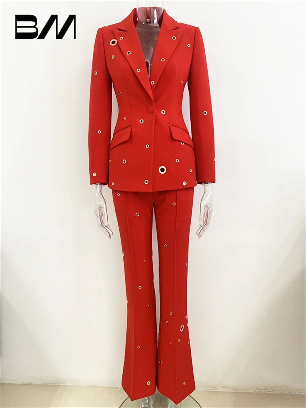 Fashion New Heavy Industry Metal Hole One Button Suit Jacket Pants Suit Two Pieces 2PCS Women Office Wedding Women's Suit Suit