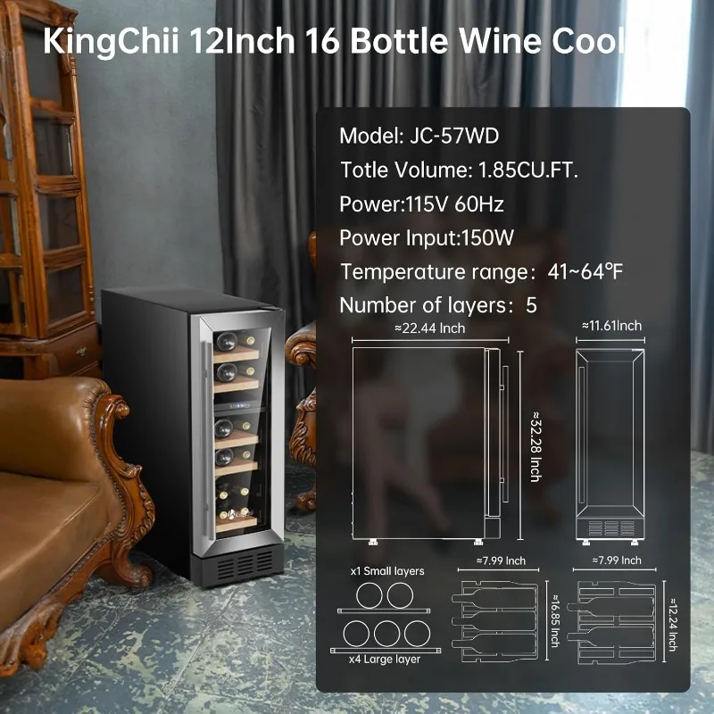 12Inch 16 Bottle Dual Zone Wine Cooler Refrigerator Professional Compressor, Stainless Steel & Tempered Glass For Red Wine 4