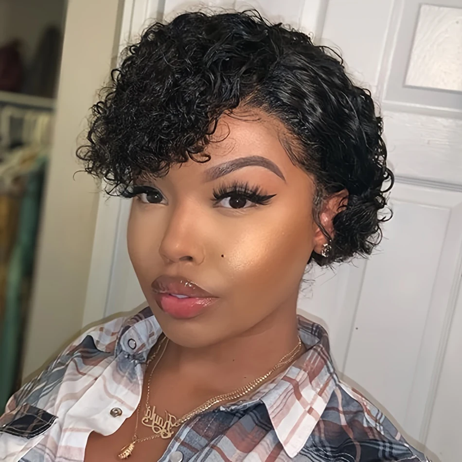 Short Curly Pixie Cut Wigs Human Hair Wig with Baby Hair Side Part 13*4*1 Lace Frontal Wig For Women