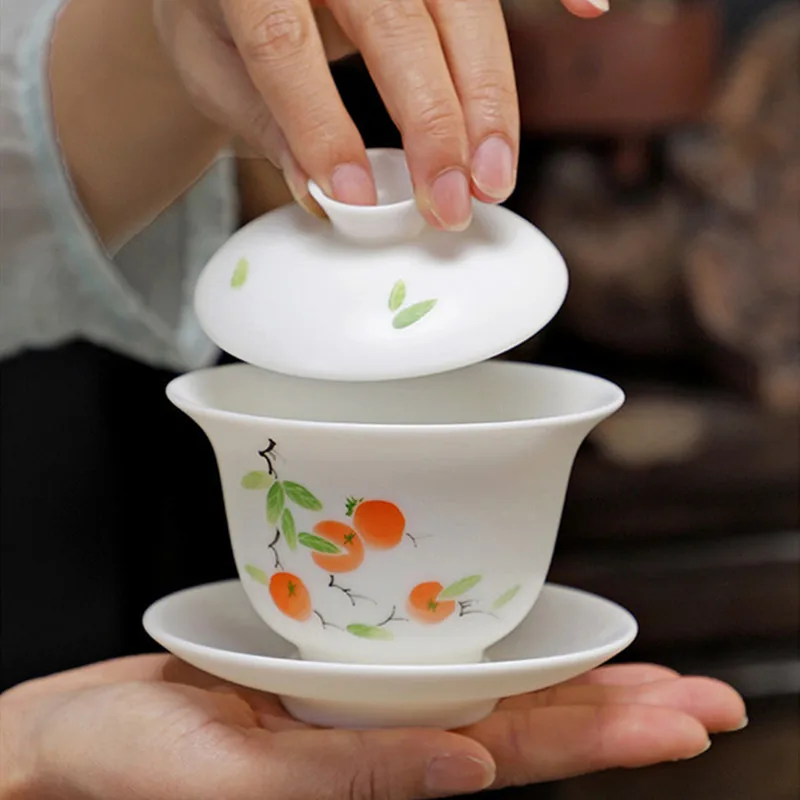 140m Chinese Handmade Ceramic Gaiwan Suede Jade Porcelain Tea Tureen Hand-painted Flowers Teacup Tea Bowl Travel Teaware
