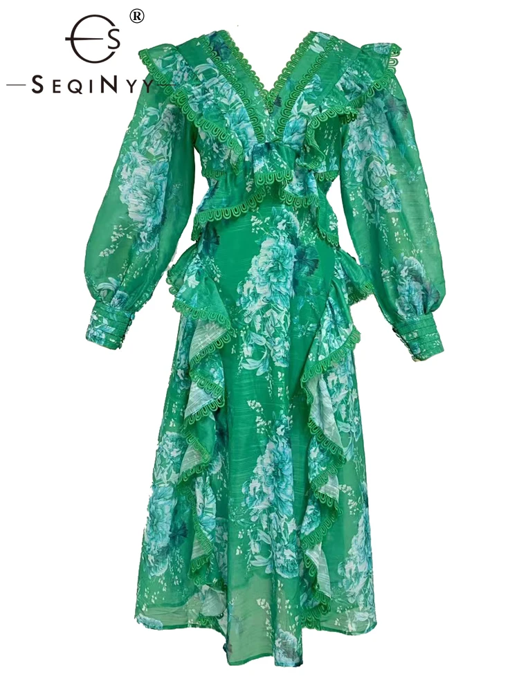 

SEQINYY Green Midi Dress Summer Spring New Fashion Design Women Runway High Street Lantern Sleeve Vintage Flowers Print Lace