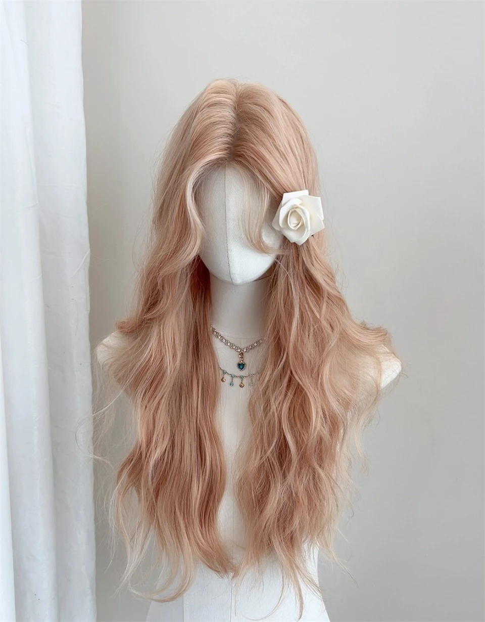 Pink Gold Synthetic Long Straight Wig with Bangs for Women