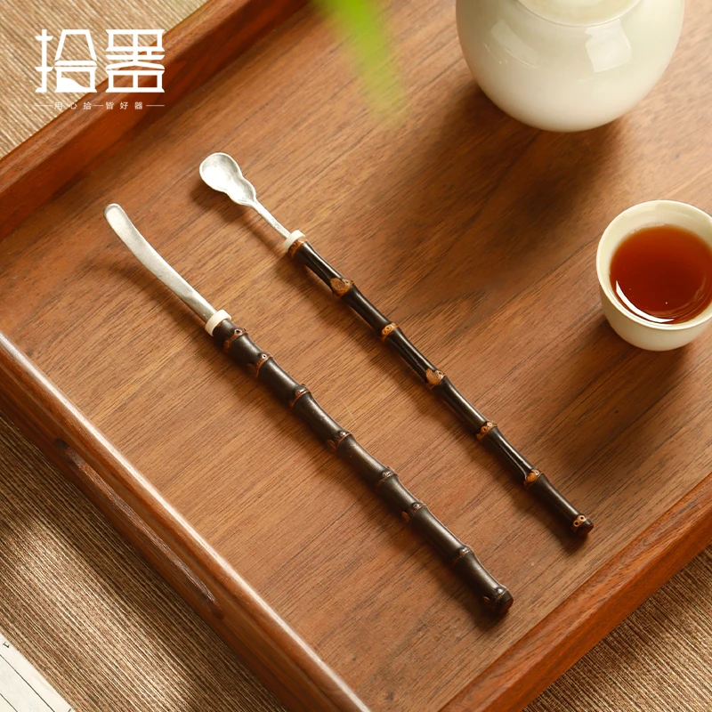 Vintage handmade bamboo whip handle pure tin tea pulling tea is spoon grilled single teaspoon six gentleman ceremony