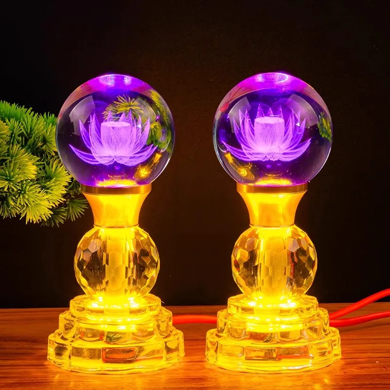 USB Buddhist Altar Light Color Changing Crystal Lotus Lamp， Electric Puja Lamp with 7 Colors, Home Meditation Decor