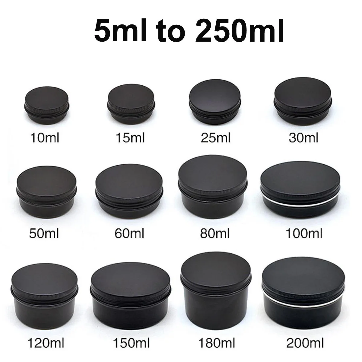 

10pcs 5g to 250g Aluminum Round Bottles Tin Cans Box Black Cream Makeup Jar Pot Lid Lip Balm Empty Candle Tea Cans Container