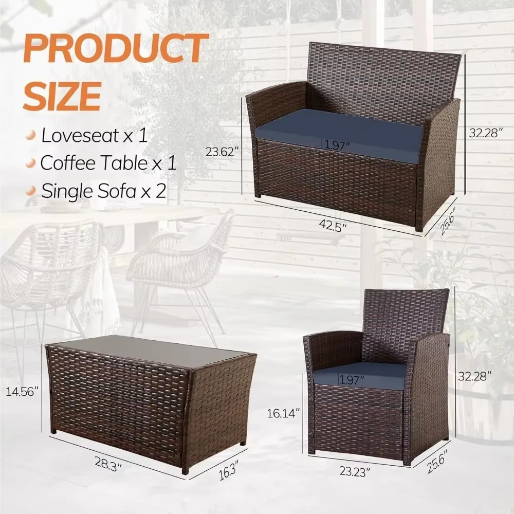 4 Piece Patio Furniture Set,Outdoor Wicker Conversation Sets,Rattan Sectional Sofa w/Coffee Table,Seat Cushions for Backyard Por 5