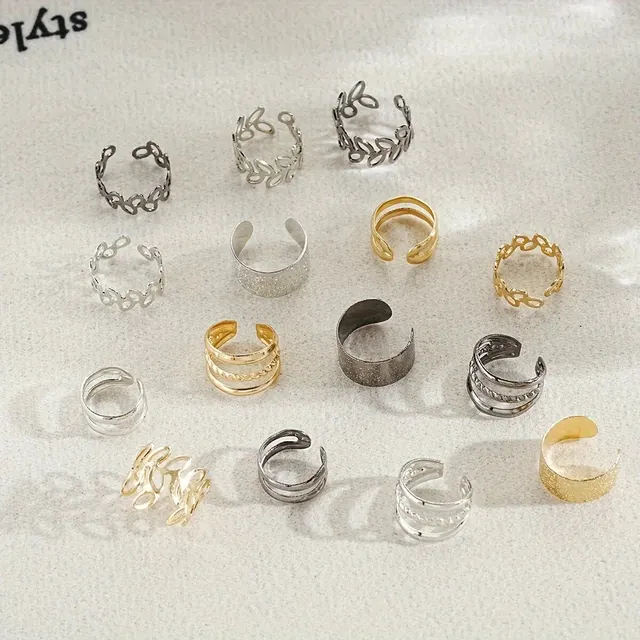 15 Pcs Set Of Hollow Leaf Design Clip On Earrings Zinc Alloy Jewelry Simple Punk Style Personality Female Ear Decor 2