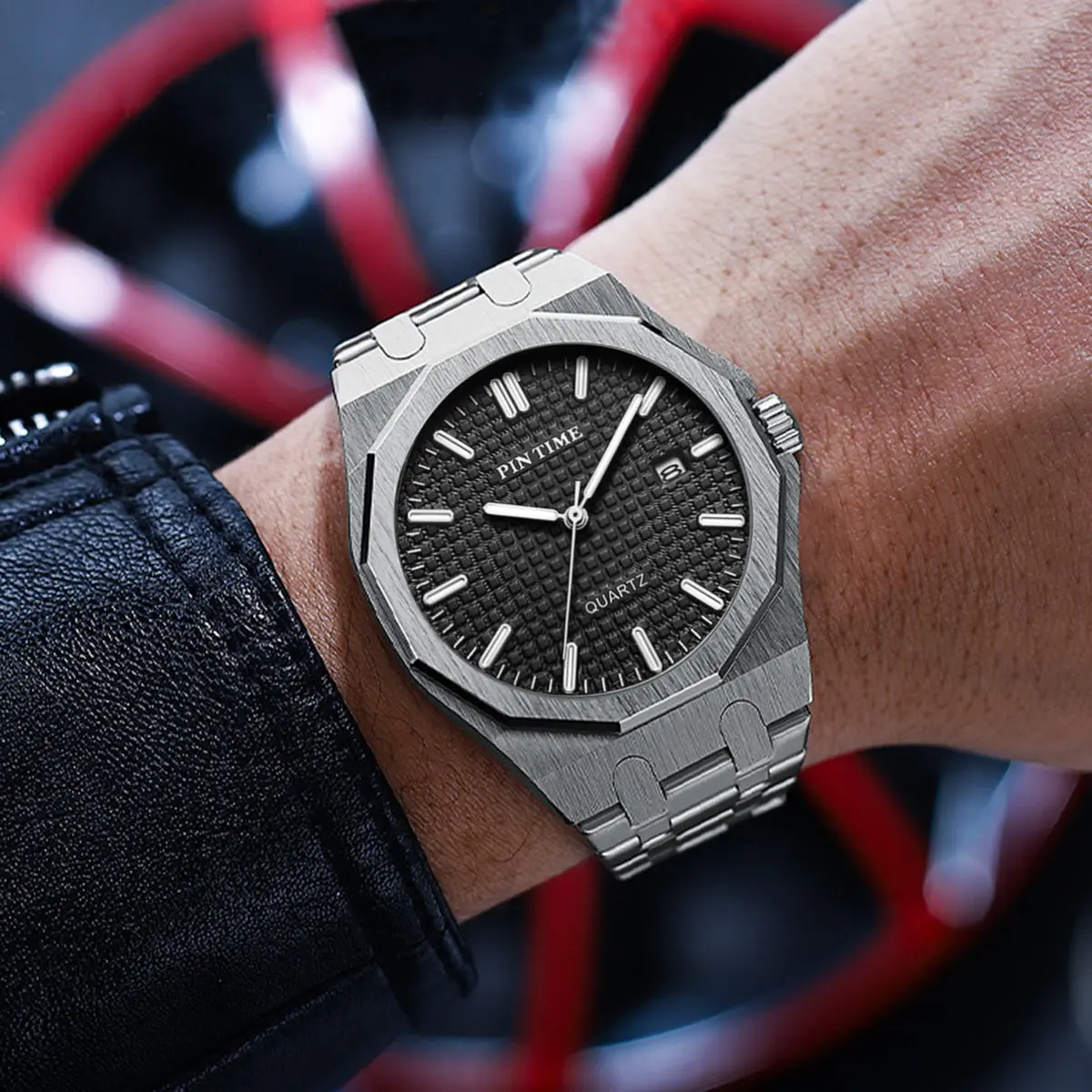 PINTIME Top Brand Fashion Men Quartz Watches 316L Stainless Steel Business Sleek Hollowed Dial Auto Quartz Business Watches