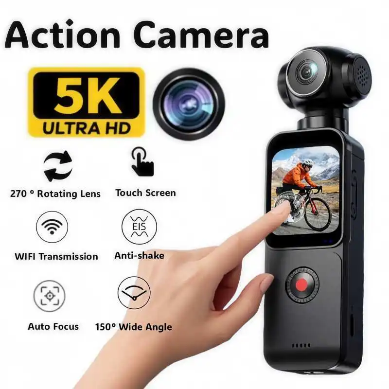 5K HD Handheld Camera 270° Rotation Lens Touchscreen Action Camera Anti-shake Autofocus Vlogging Camcorder for Travel Blogging