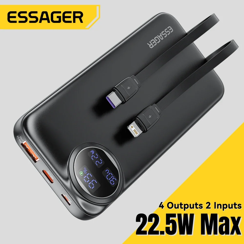 Essager Power Bank 20000mAh Caricatore portatile con cavo integrato Display digitale Capacità della batteria 22,5W per iPhone 15 14 13 pro